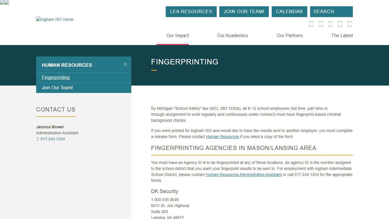Fingerprinting - Human Resources - District Support Services - Our Impact - Ingham ISD