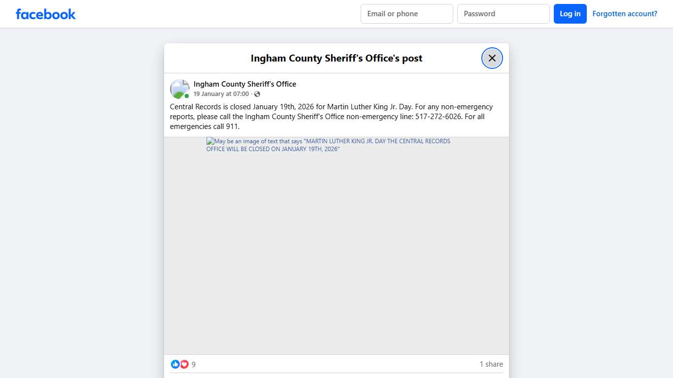 Central Records is closed... - Ingham County Sheriff's Office Facebook